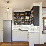 This kitchen was designed by Debra DeLorenzo of cabinetry, countertop, interior design, kitchen, room, gray