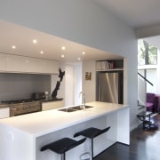 View fo dining area, living area and new countertop, interior design, kitchen, real estate, room, gray