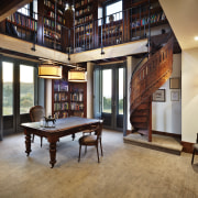 Interior of home by Stonehaven Homes. View shoes billiard room, ceiling, estate, flooring, interior design, lobby, real estate, recreation room, table, wood