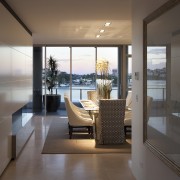 View to dining area with light toned chairs. apartment, architecture, ceiling, floor, house, interior design, living room, penthouse apartment, real estate, window, gray, black