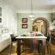 Furniture-style cabinetry is a key feature of this ceiling, countertop, dining room, home, interior design, kitchen, room, white, brown