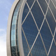 Here is a view of the headquarters of angle, architecture, building, corporate headquarters, daylighting, daytime, facade, landmark, line, sky, skyscraper, blue, gray