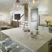 View of kitchen by Designer Willis Watts. Remodelled ceiling, countertop, flooring, home, interior design, kitchen, living room, real estate, room, gray