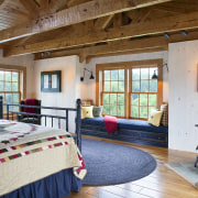 View of bedroom with patchwork quilt, blue mat ceiling, estate, home, interior design, living room, real estate, room, wood, brown