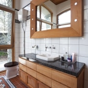 Bathroom with patterend floor and white tiles on bathroom, cabinetry, countertop, home, interior design, kitchen, room, sink, brown