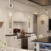 View of kitchen in 1950's remodelled lakefront home cabinetry, ceiling, countertop, cuisine classique, floor, home, interior design, kitchen, living room, room, gray