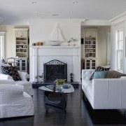 View of living area in 1950's remodelled lakefront ceiling, floor, flooring, home, interior design, living room, room, gray