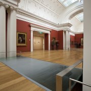 Here is a view of the Auckland Art architecture, art gallery, ceiling, daylighting, exhibition, floor, flooring, hardwood, interior design, laminate flooring, lobby, museum, tourist attraction, wood, wood flooring, gray, brown