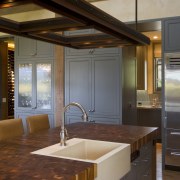 View of kitchen, great room and wine cellar. cabinetry, countertop, interior design, kitchen, room, brown, gray