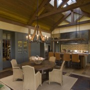 View of kitchen, great room and wine cellar. interior design, living room, brown