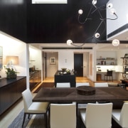 View of dining area with light toned chairs ceiling, interior design, living room, table, black, gray