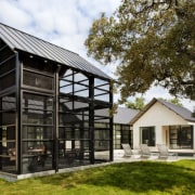 Glass and black aluminium/steel addition. totally transparent. Floor-to-ceiling architecture, barn, cottage, farmhouse, home, house, property, real estate, shed, brown, black, white