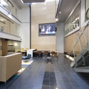 Here is a view of the new Telecom architecture, daylighting, interior design, lobby, gray