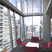 Here is a view of the new Telecom architecture, daylighting, furniture, interior design, real estate, structure, window, white, gray