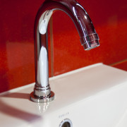 Merquip designed the electronic touch-free tap-ware for this plumbing fixture, product, product design, sink, tap, red, white