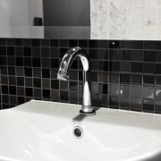 Merquip designed the electronic touch-free tap-ware for this bathroom, bathroom sink, ceramic, floor, flooring, interior design, plumbing fixture, product design, sink, tap, tile, wall, white, black