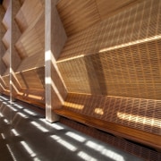 The acoustic timber panelling seen here in this architecture, daylighting, interior design, light, lighting, wood, brown