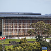 The timber for this MOTAT Aviation Display Hall architecture, building, city, corporate headquarters, facade, real estate, residential area, roof, structure, teal, black