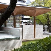 Here is a view of the Auckland Art architecture, canopy, outdoor structure, pavilion, shade, brown