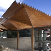 Wallace Construction were contracted to handle the kauri architecture, facade, home, house, pavilion, roof, wood, brown