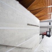 Here is a view of the work done architecture, ceiling, daylighting, floor, line, structure, wall, wood, gray