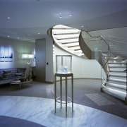 Here is a view of Glasshape's curved glass architecture, ceiling, interior design, lobby, blue, black, gray