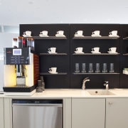 Seen here is a drinking-water system designed by furniture, kitchen, product, product design, shelf, shelving, gray, black, white