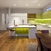 View of contemporary kitchen with wooden flooring and countertop, interior design, kitchen, living room, real estate, room, table, gray, brown