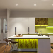 View of contemporary kitchen with wooden flooring and architecture, ceiling, countertop, floor, flooring, house, interior design, kitchen, real estate, room, table, wood flooring, gray, brown