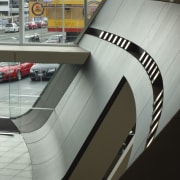 Here is a view of the curved wall architecture, product design, gray, black