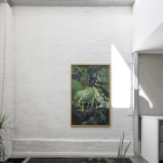 View of pond with print on wall. - architecture, floor, house, interior design, wall, white