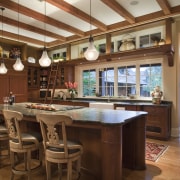 View of kitchen with wooden flooring and hanging beam, cabinetry, ceiling, countertop, cuisine classique, estate, hardwood, home, interior design, kitchen, real estate, room, wood, brown