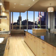 View of contemporary kitchen with wooden features and countertop, interior design, kitchen, real estate, brown, orange