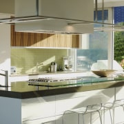 View of contemporary kitchen with green toned benchtop. architecture, countertop, glass, interior design, kitchen, product design, gray
