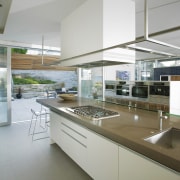 View of contemporary kitchen with dark toned benchtop countertop, interior design, kitchen, real estate, gray