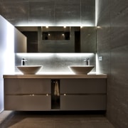 This home was designed by Gerrad Hall, the architecture, bathroom, countertop, interior design, product design, room, sink, black