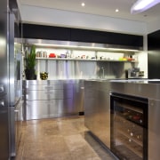 View of kitchen with stainless steel island and ceiling, countertop, interior design, kitchen, gray