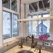 View of small sink with traditional style taps. countertop, estate, home, interior design, kitchen, window, gray