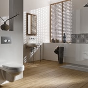 View of contemporary bathroom with wooden flooring. bathroom, bathroom accessory, floor, flooring, hardwood, home, interior design, laminate flooring, plumbing fixture, product design, room, sink, tile, wall, wood, wood flooring, gray