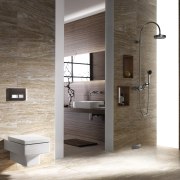 View of bathroom with wood-look walls. - View bathroom, bathroom accessory, floor, flooring, interior design, plumbing fixture, tile, wall, brown, white