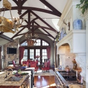 View of kitchen with wooden flooring, high ceilings beam, ceiling, countertop, estate, home, interior design, kitchen, living room, real estate, room, window, wood, gray