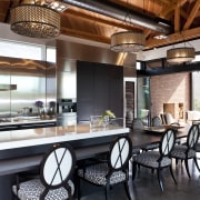 exposed timber ceiling, white glass benchtops, white and countertop, interior design, kitchen, real estate, white, black