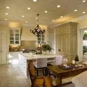 View of open plan kitchen and dining area ceiling, countertop, cuisine classique, dining room, estate, home, interior design, kitchen, living room, real estate, room, window, brown, orange