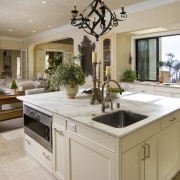 View of kitchen with square island, white cabinetry countertop, cuisine classique, estate, home, interior design, kitchen, gray, brown