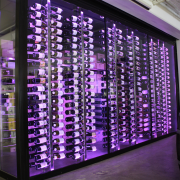 View of refrigeration solution at wine retailer. - display case, display window, glass, interior design, lobby, purple, window, purple