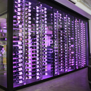 View of refrigeration solution at wine retailer. - display case, display window, glass, interior design, lobby, purple, purple