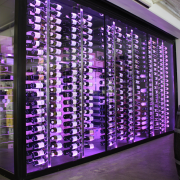 View of refrigeration solution at wine retailer. - display case, display window, glass, interior design, purple, purple