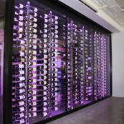View of refrigeration solution at wine retailer. - display case, interior design, purple, gray