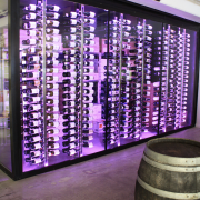 View of refrigeration solution at wine retailer. - display case, interior design, purple, wine cellar, purple