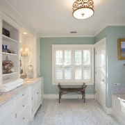View of bathroom with light teal wall, white bathroom, ceiling, estate, floor, home, house, interior design, property, real estate, room, window, gray